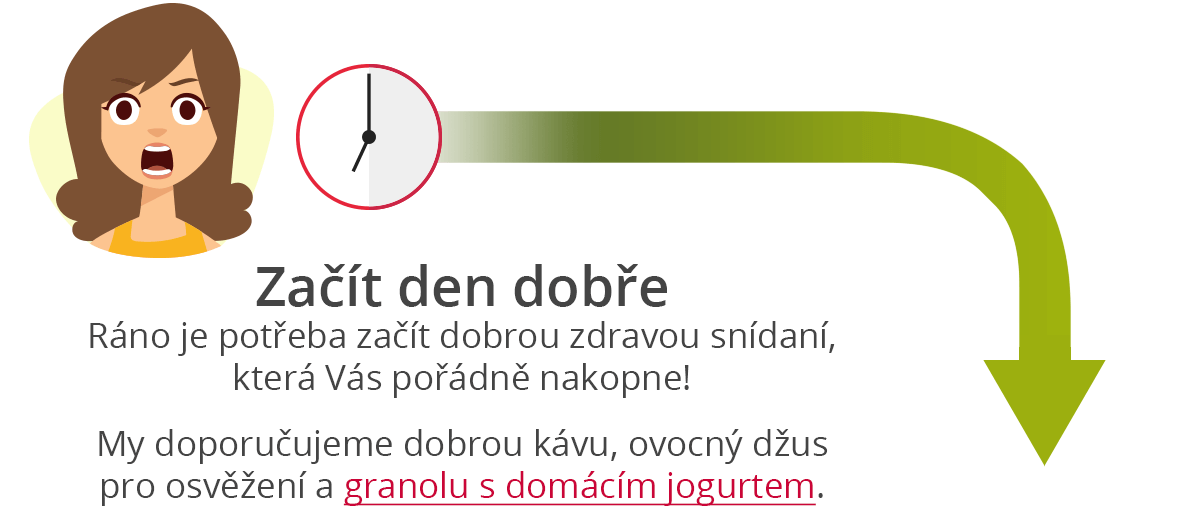 Začít den dobře Ráno je potřeba začít dobrou zdravou snídaní, která Vás pořádně nakopne! My doporučujeme dobrou kávu, ovocný džus pro osvěžení a granolu s domácím jogurtem.